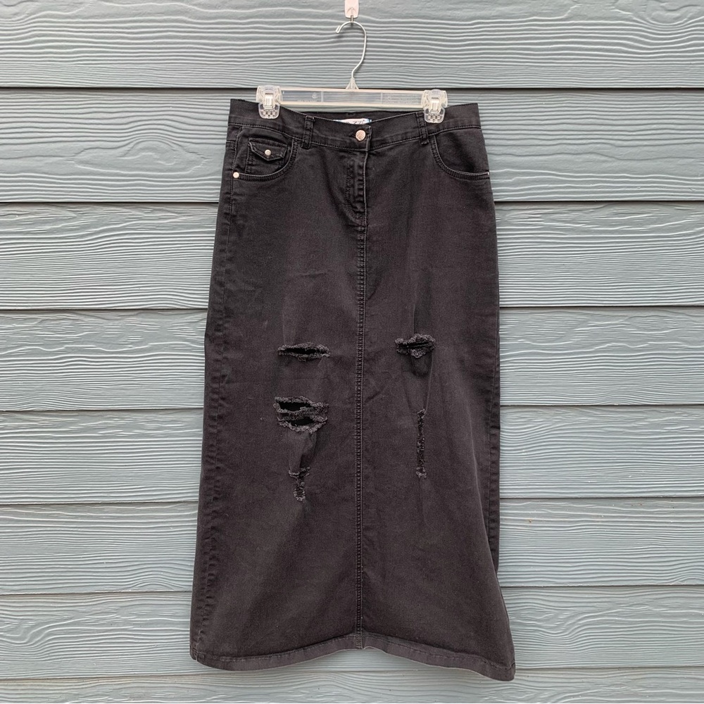 Mazzi Jeans Black Long Jean Skirt Sz 44/ US 12 High-Waisted Stretchy with Rips
